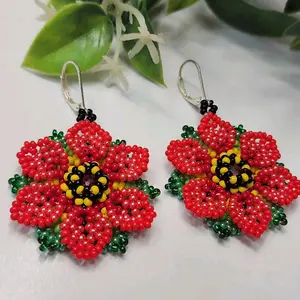 Sunflower Beaded Red Color Earrings with Green Accents and Yellow Center Beads for Festive Wear