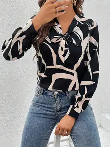 One women's multi-color geometric pattern printed collared shirt Blouse with long sleeves, woven, suitable for both casual and professional wear, ideal for daily office outfits.