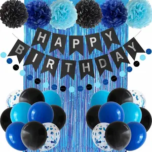 Blue and Black Happy Birthday Party Decorations for Boys Men - Banner Balloons Navy Royal Light Blue Pom Poms Foil Curtain Décor Supplies for 13th 16th 18th 20th 30th 40th 50th 60th 70th 80th Birthday