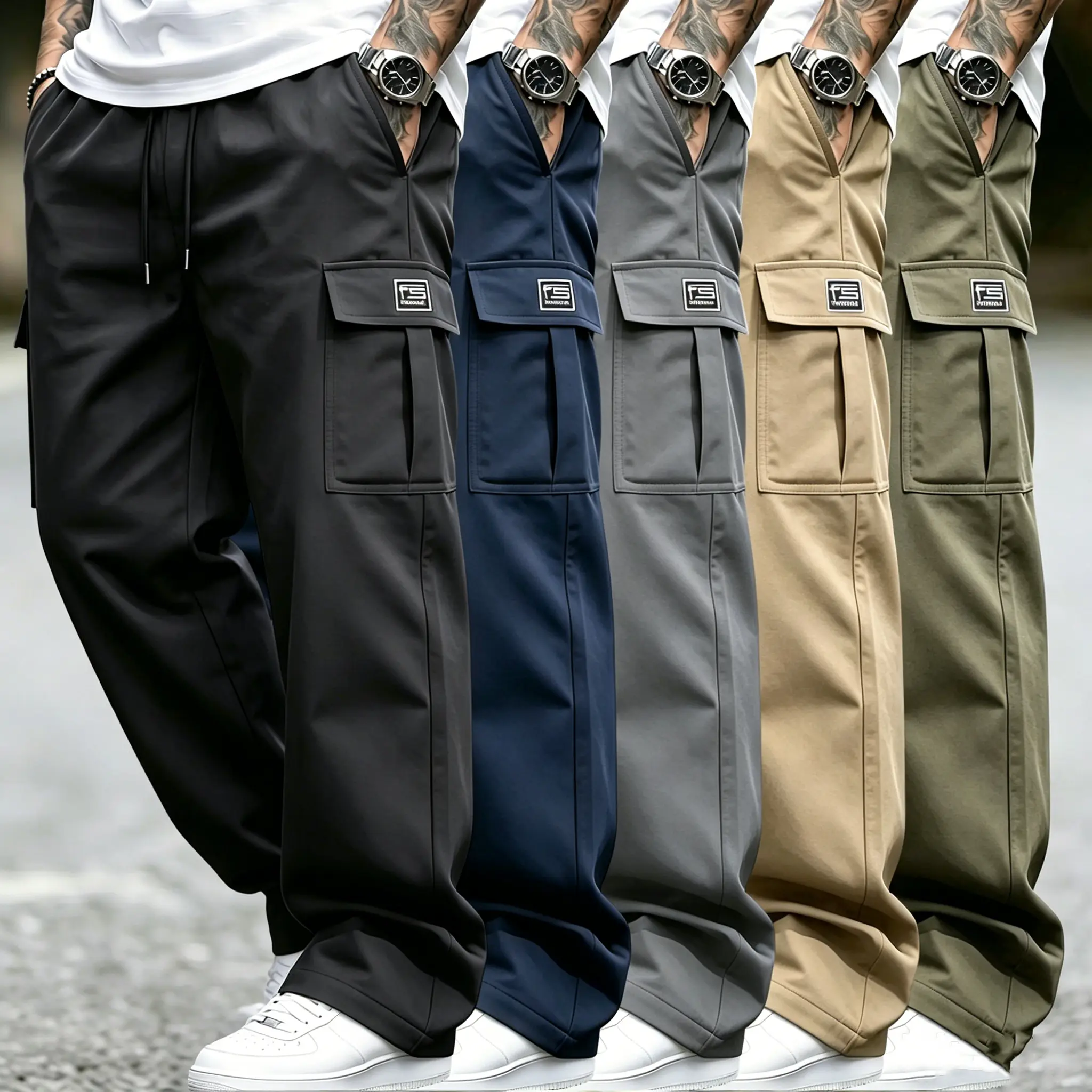 Men’s 5-Pack Preppy Retro Baggy Wide Leg Trousers - Drawstring Waist, Multiple Casual Pockets, Lightweight Long Inseam, Soft Breathable Baggy Cut Menswear for Daily Walking, Travel