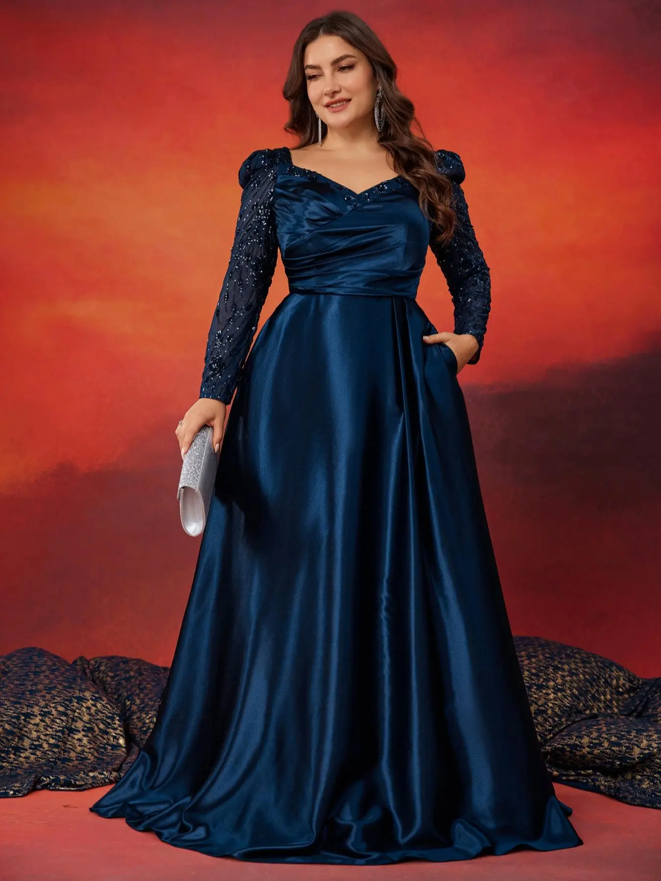 【Plus Size】 Glitter Sequins Evening Dress Formal Wear, Embellished Glam Gown, Elegant Classy Flattering Long Sleeve V Neck Maxi Dress for Party & Banquet, Evening Sequin Details, Women's Clothes for Spring & Fall, Womenswear