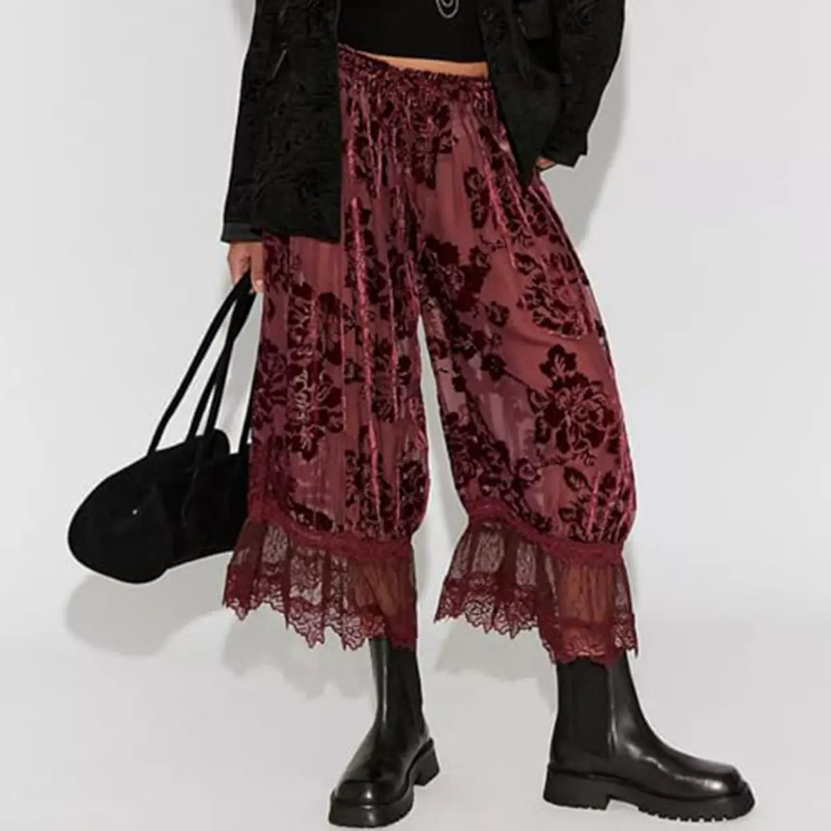 JovenPara Women Lace Trim Long Bloomers Y2k Elastic Mid Rise Floral Ruffle Pantaloons Flared Slips Pants Pajama Bottoms