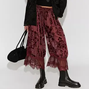 JovenPara Women Lace Trim Long Bloomers Y2k Elastic Mid Rise Floral Ruffle Pantaloons Flared Slips Pants Pajama Bottoms