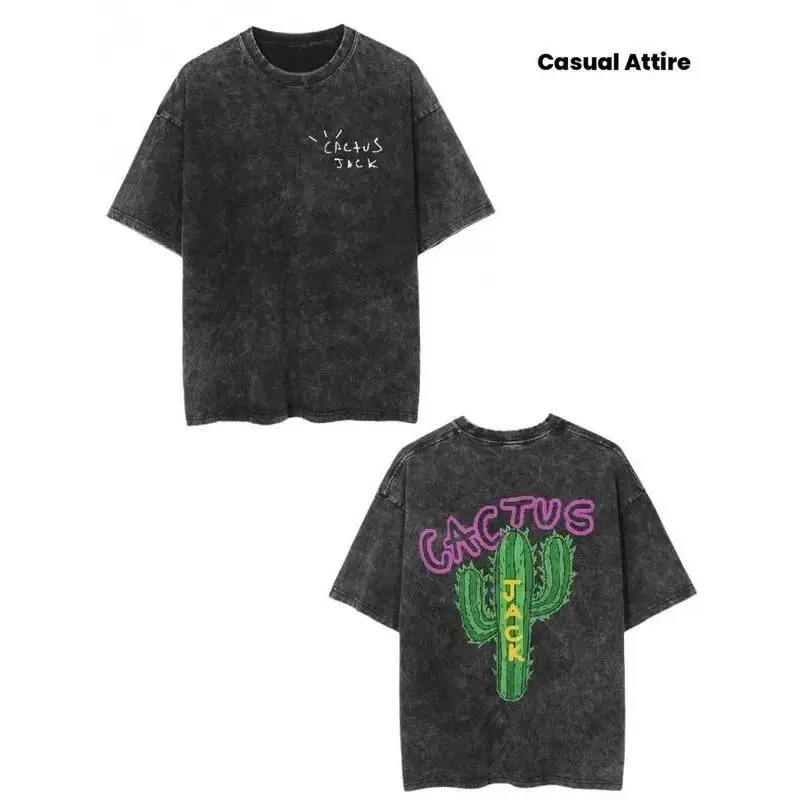 Men's & Women's Oversized 100% Cotton T-Shirt - Cactus Jack Logo & "Look Mom I Can Fly" Print - Retro Washed Black Vintage Streetwear Tee - Unisex Casual Short Sleeve Round Neck Top for Concerts & Casual Attire, Halloween, Mens Tshirt, Christmas