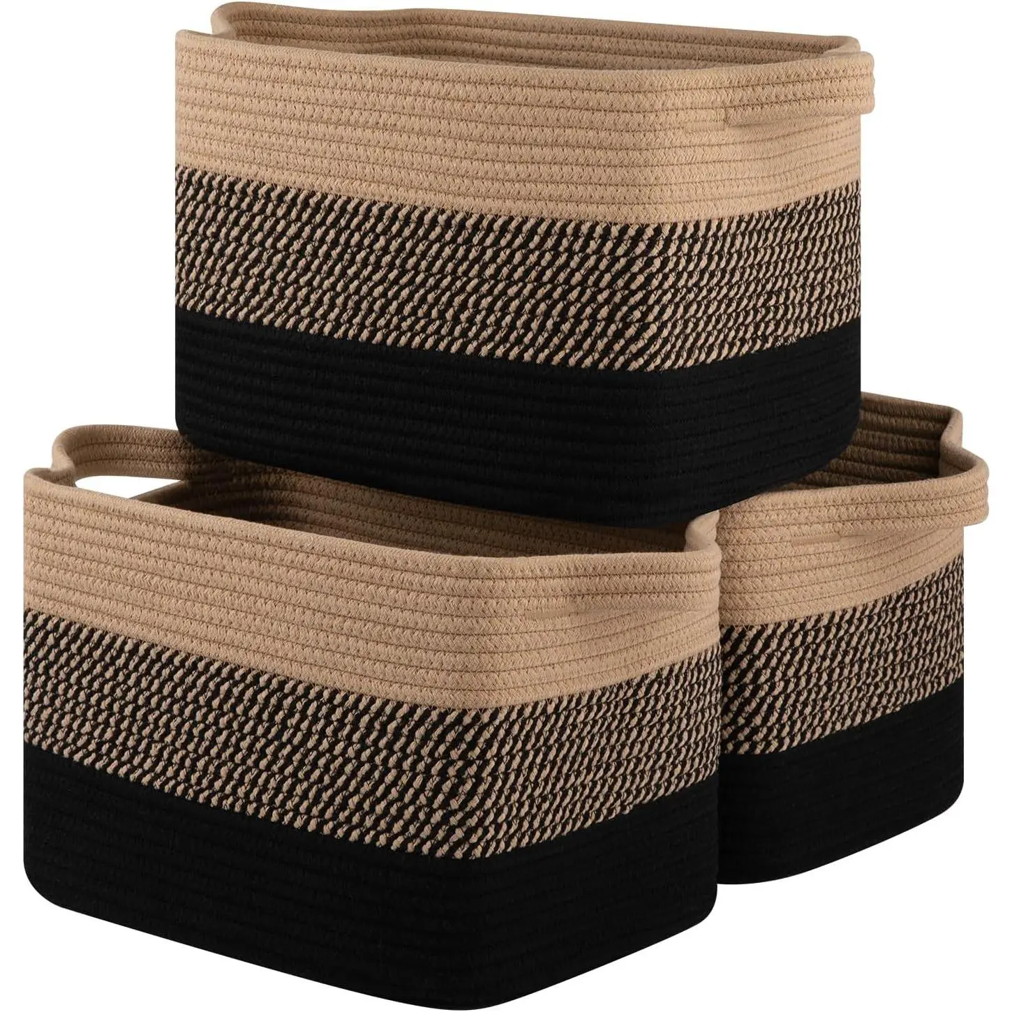 Storage Basket for Organizing, Woven Baskets for Storage, Rectangle Decorative Baskets for Shleves, Closet, Toys, Books,  Organizer Bins - Pack of 3 (Black & Brown)