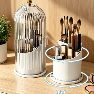360° Rotating Makeup Brush Holder with Lid, Waterproof Dustproof Cosmetic Organizer, Multi-Functional Vanity Storage Box for Makeup Brushes, Lipsticks, Eyeliners, Beauty Tools