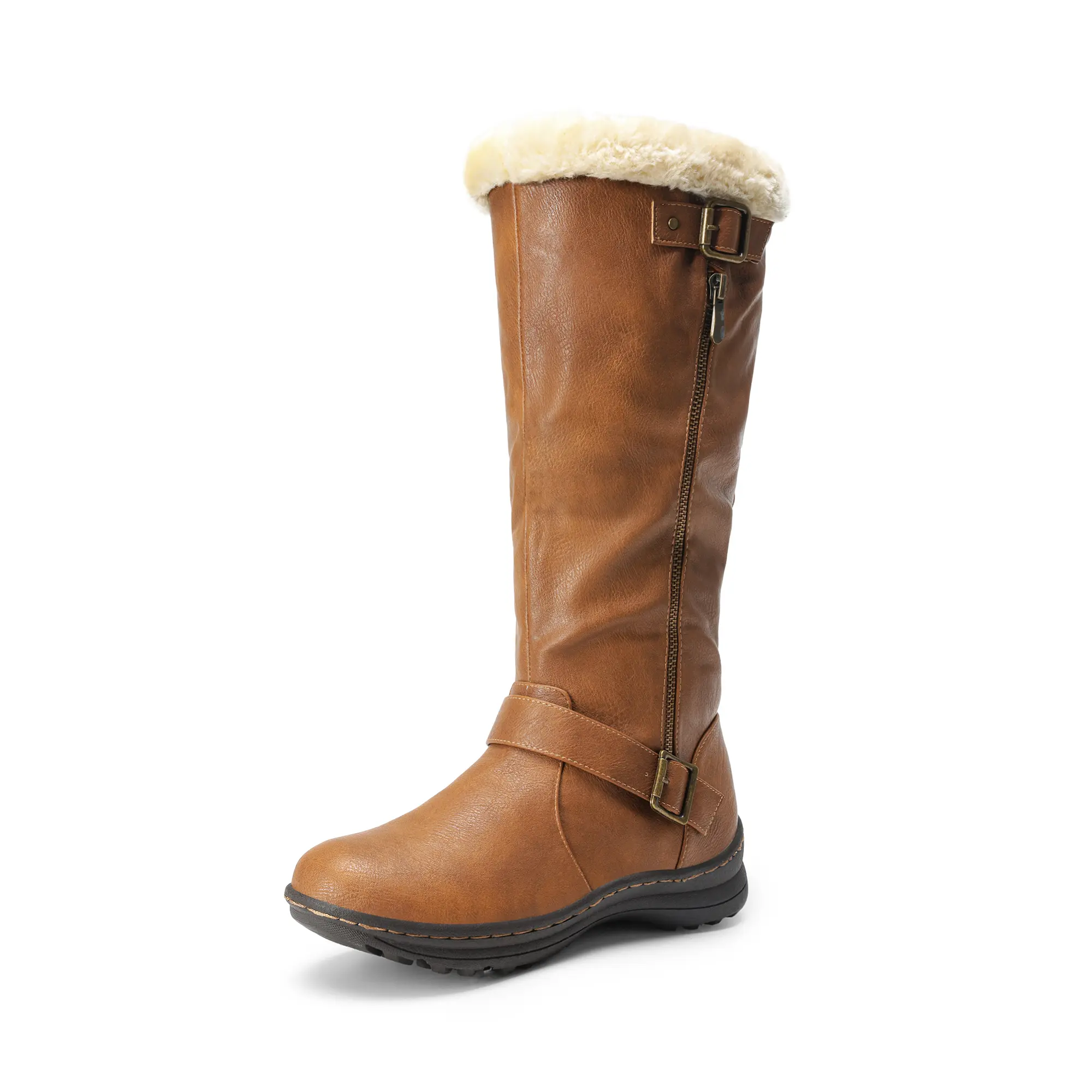 Dream Pairs Women's Knee-High Winter Snow Walking Boots - Fully Faux Fur Lined Cold-Weather Footwear, PU Leather, TPR Rubber Sole, Side Zipper, Low Heel (1-3 cm), Walking Shoes