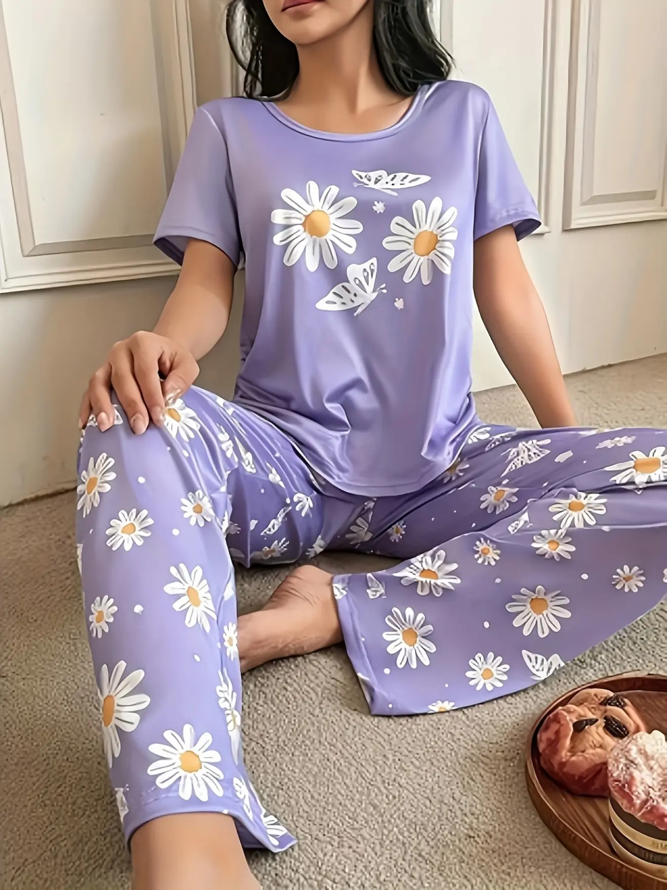 Women's Floral Butterfly Pajama Set, Casual Fitted Two-Piece, Short Sleeve Round Neck Top and Long Pants, All Seasons Comfortable Sleepwear