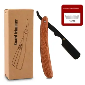Professional Men's Shaver, Straight Razors, Straight Edge Barber Wood Handle Razor with 10 Replaceable Blades, Manual Beard Shaving Care Tool