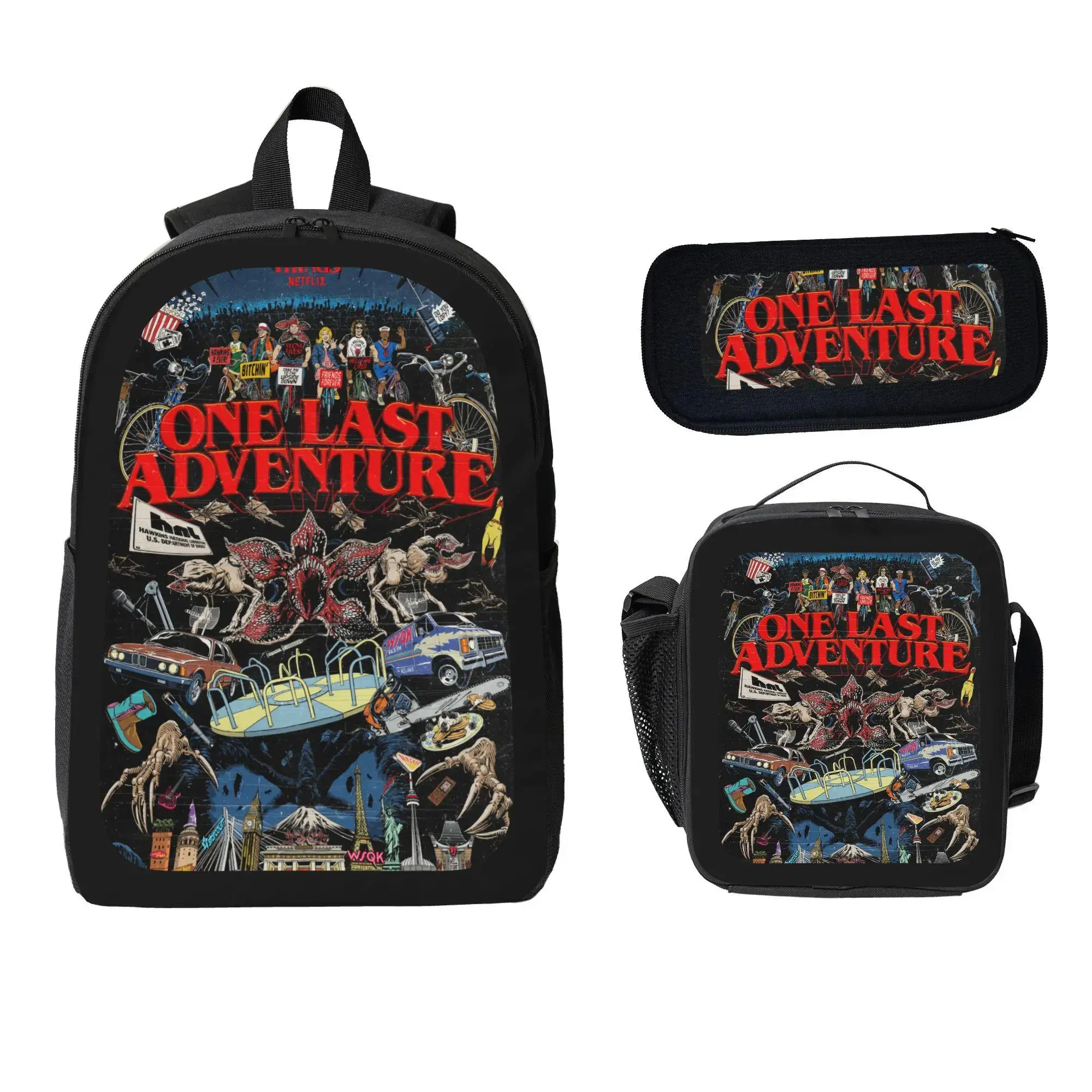 Stranger Things Ultimate Adventure Theme Teen Backpack 3-Piece Set Black Retro Sci-Fi Backpack + Pencil Case + Lunch Bag Netflix Collaboration Stationery Set