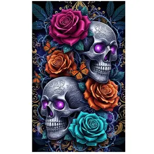 Gothic Sugar Skulls & Colorful Roses 5D Diamond Painting Kit, Full Drill Rhinestone Art, DIY Craft for Adults, Home Wall Decor