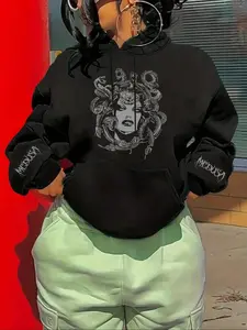 Women's Hooded Pocket Sweatshirt, Medusa Print, Casual Long Sleeve Top, Soft Comfortable Knit Fabric, Fall & Winter Warm Pullover