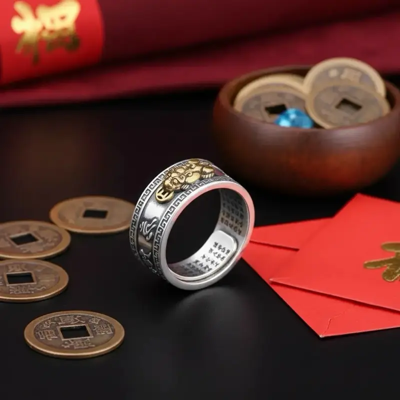 Ring abundance and protection Feng Shui Ring 925 Stering Silver Pixiu Mantra Ring Protection Wealth Adjustable Rings Gift for Men Women (with Gift Box)