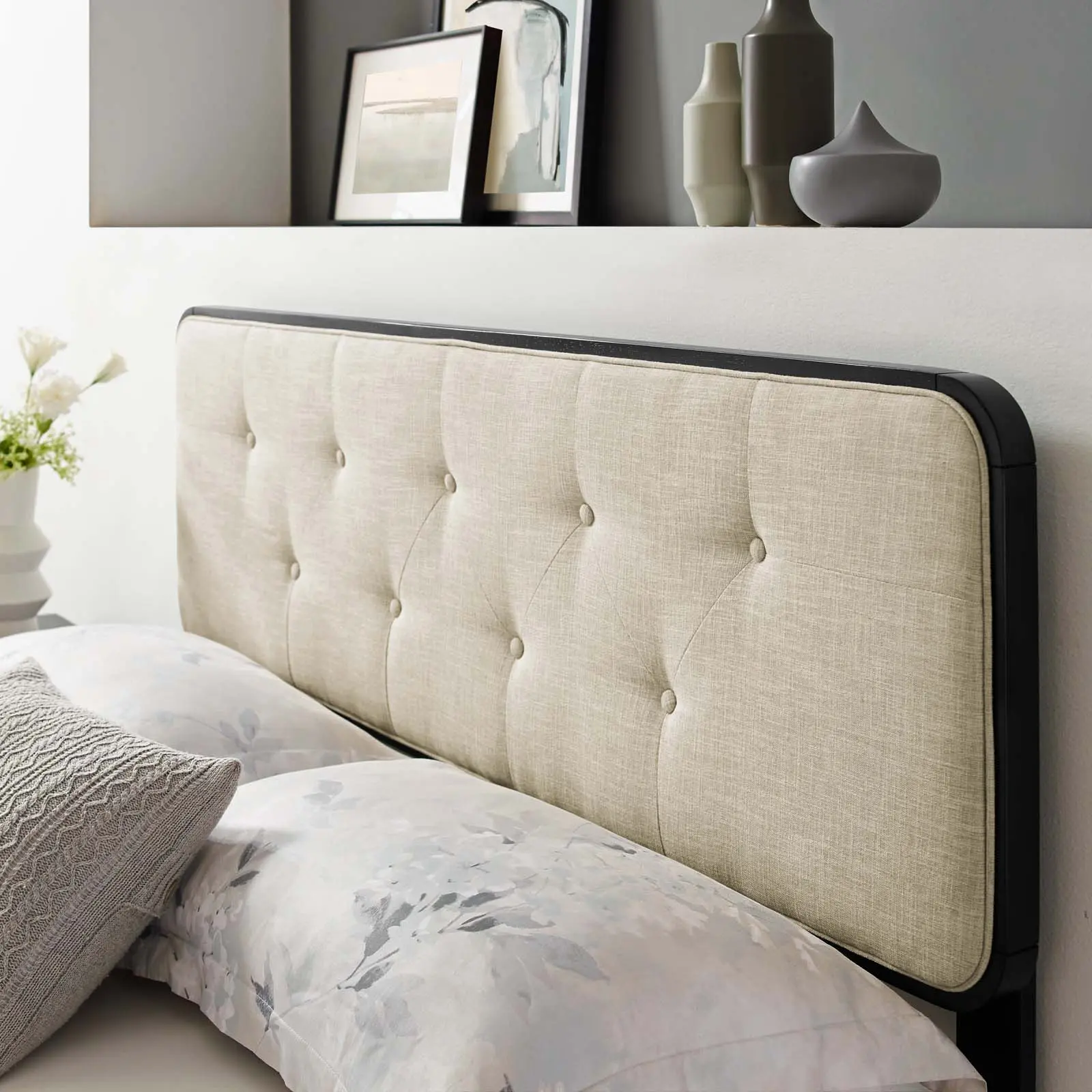 Modway Collins Mid-Century Tufted Foam Full Headboard - Modern Wooden Headboard with Wood Frame, Black Beige Fabric Upholstery Indoor Furniture for Guest Bedroom, Modern Bedroom, Requires Assembly