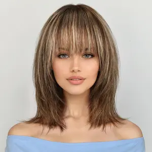 Jessie's Wig [Celia] Brown Mixed Blonde Straight Layered Bob Wig With Bangs 5.5x5.5 Lace Glueless Wig For Women