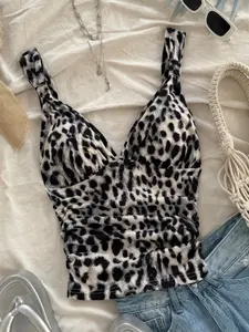Women's Casual Romantic Knot Backless Ruched Short Cami Top, Lightweight Leopard Print Sleeveless Blouse with Thick Straps for a Slim Fit