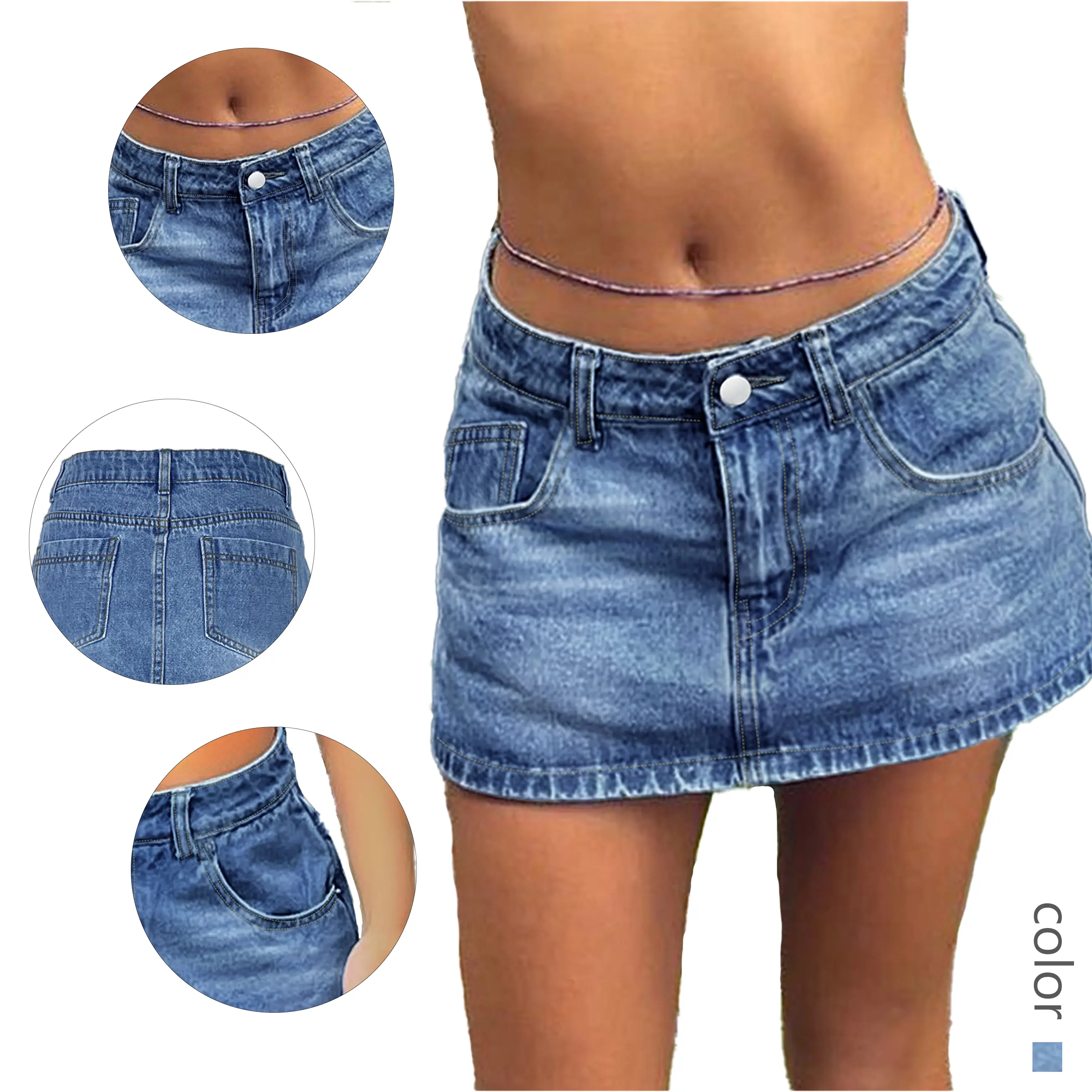 Chic Women's Blue Denim Low - Rise Mini Skirt - Trendy Essential for Summer Casual Womenswear outfits jean skirt denim skirt skort Bottom Basic Fitted