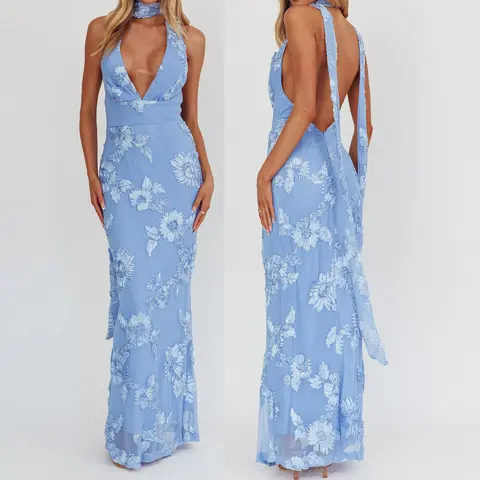 Women Long Dress, Sleeveless Halter Dress Backless FlowerFit Cocktail Dress for Party