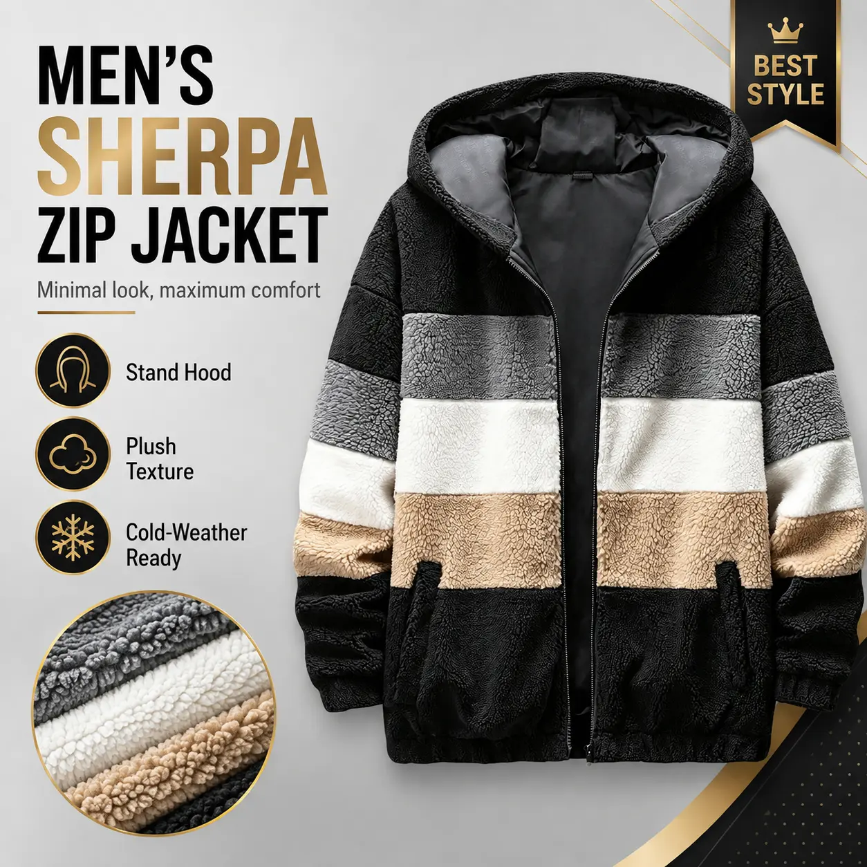 Men’s color-block fleece hooded jacket — relaxed fit, full-zip warm teddy fleece outerwear with a soft, fluffy texture; casual streetwear for men in winter