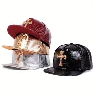 Unisex PU Leather Cross Hip Hop Hat Outdoor Adjustable Sunscreen Leisure Hat Travel Tourism Beach Vacation