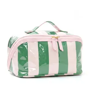 Women's Large Capacity Striped PVC Makeup Bag - Waterproof Cosmetic Organizer, Easy-Carry High-Capacity Multi-Use On-the-Go Pouch, Portable Travel Toiletry Case with Top Single Handle Strap, Trendy Travel Essential, Large Make-Up Bags, Easy-Carry Make-Up