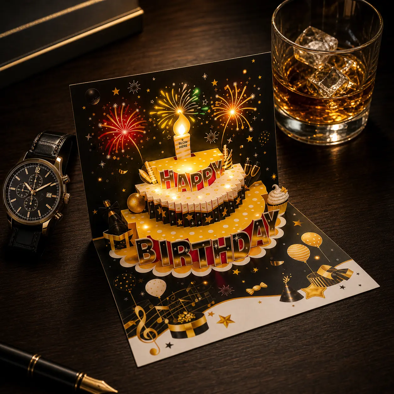 Luxury Black & Gold 3D Musical Office Stationery Music Greeting Card & Invitation Envelopes - Interactive Birthday Gift for Dad, Blow-Out Candle with Sound, LED Lights