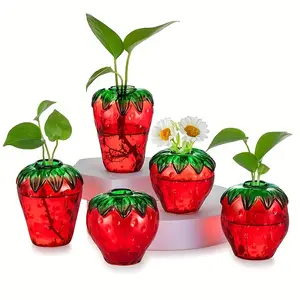 Set of 5 Glass Strawberry Plant Propagation Vases, Cute Strawberry Decorations for Home Kitchen Bathroom Office - Unique Indoor Hydroponic Potted Gift for Christmas