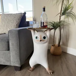 Modern Resin Cat Side Table with Gold Tray – Decorative