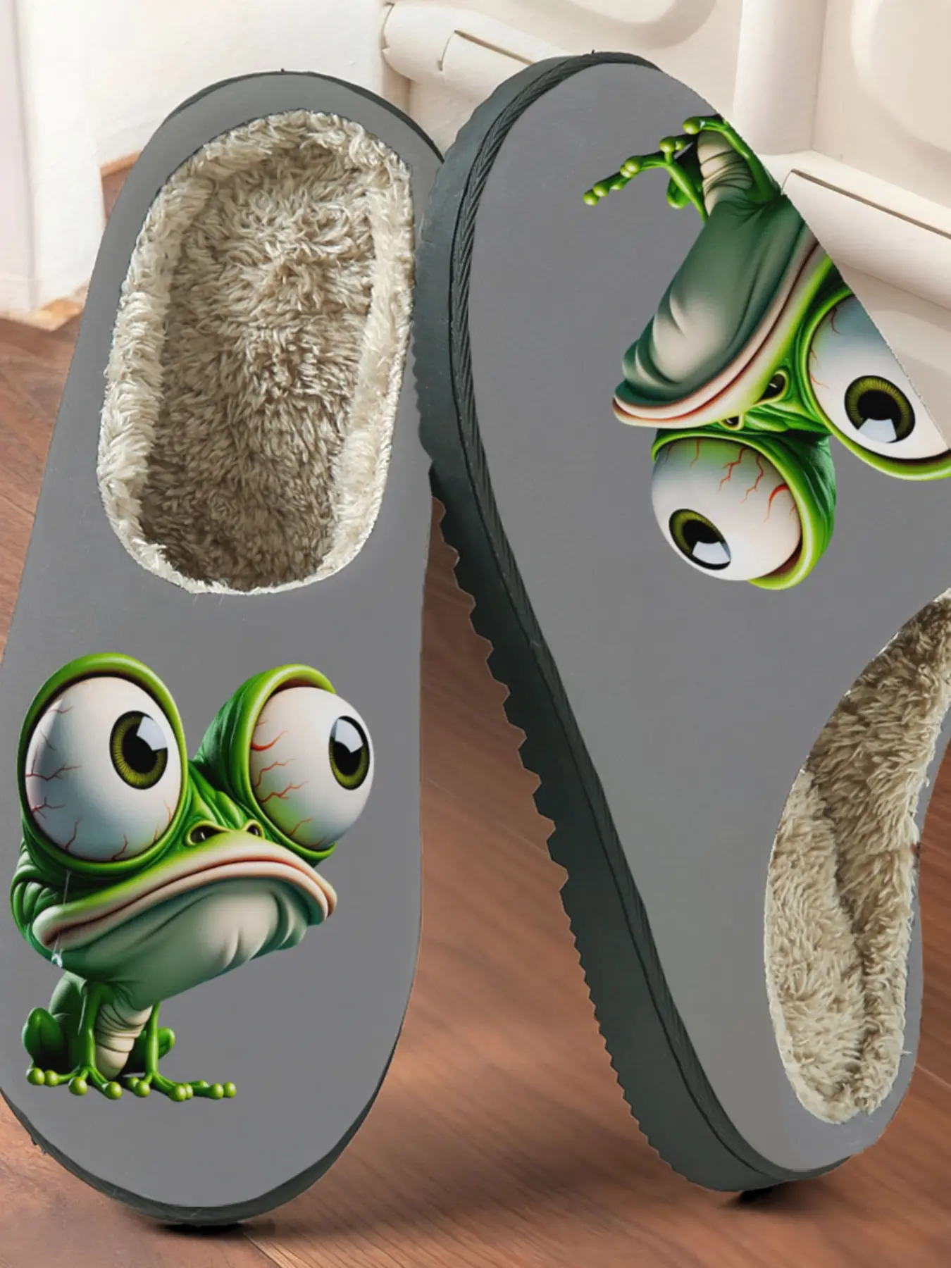 Cute Frog Slippers Set, Funny Animal Pattern, Plush Lining Anti-Slip Thick Sole, Home Casual Warm Shoes for Fall & Winter