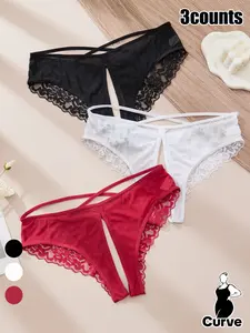 Women's Plus Size Lace Thong Panties, Colors, Back Criss Cross Strap Design, Elegant High Elastic Comfortable Breathable All Season Wear Fit, Soft Breathable Panties