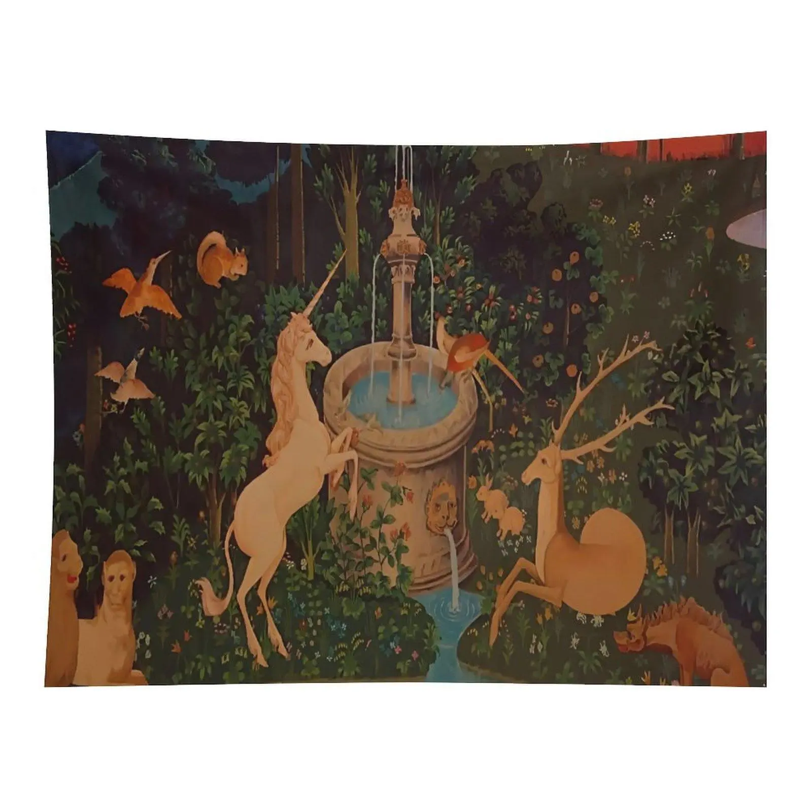Vintage Folk Art Dark Woodland Fantasy Wall Tapestry - Medieval Forest Fountain, White Unicorn, Deer, Squirrel, Bird, Monkey - Whimsical Room Decor for Bedroom, Cottagecore Home Decor