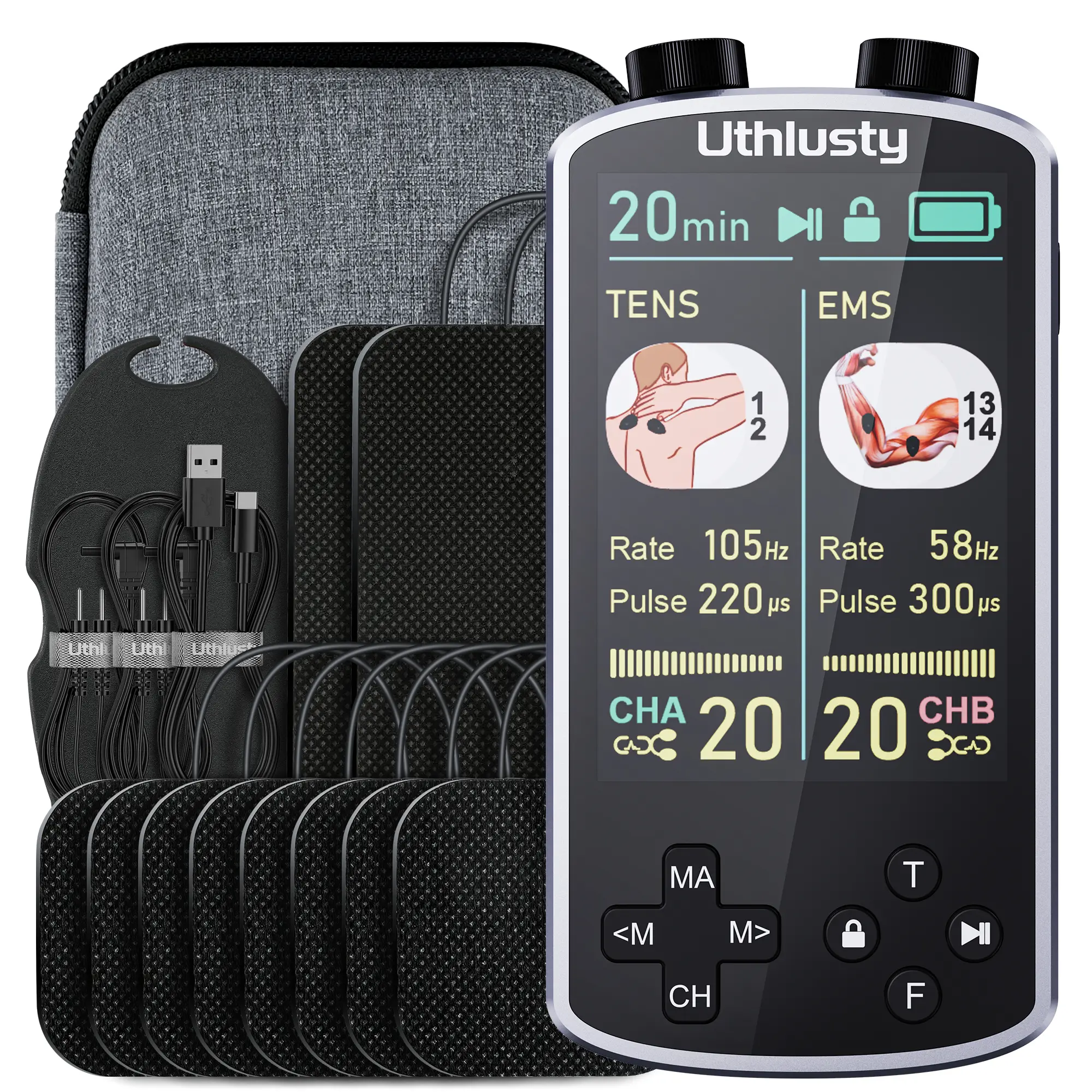 Uthlusty Low Frequency Therapy Device, Rotating Design, TENS & EMS Muscle Stimulator - 4-in-1 TENS, EMS, Relaxation & Customizable Frequency+Pulse - 36 Modes, 20 Intensity Levels, Memory & Favorites, 3.8” Color Display