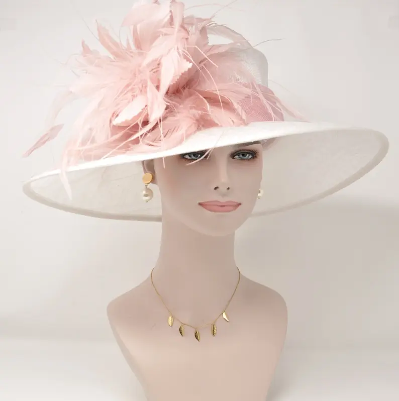 Wide Brim Sinamay Hat - Formal Hat in White with Blush/ Dusty Pink Finish, Custom Design for Tea Party and Church Events