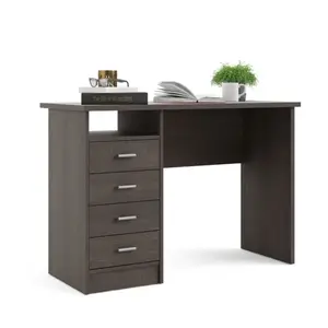 Orren Ellis Writing Desk with Open Shelf, Truffle Oak Color, Metal Glides, and Aluminum Bar Handles - Durable Design for Office Use