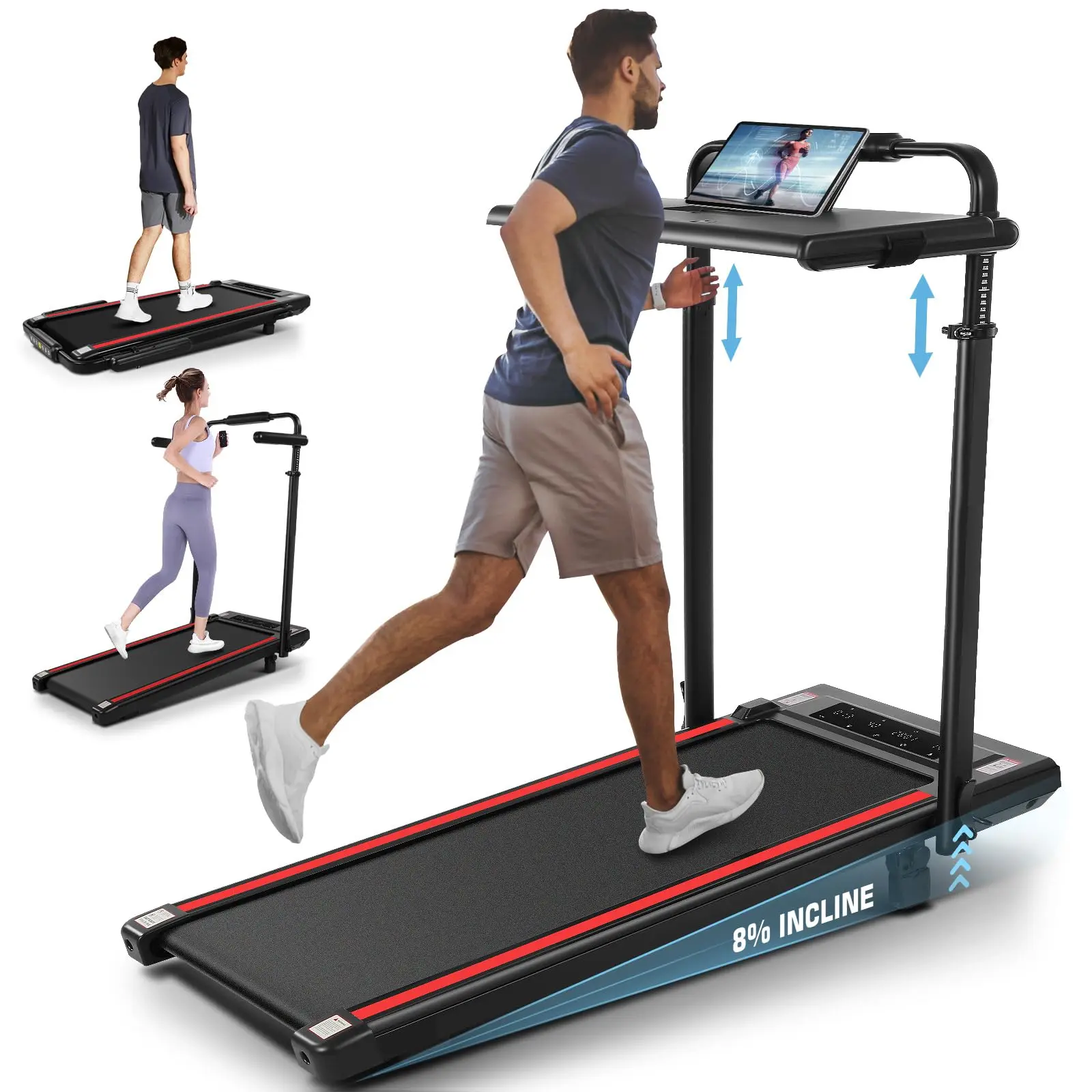 【SummerVibes】8-in-1 Under Desk Treadmill Walking Pad - Adjustable Height & Incline,  Foldable Home Treadmill with 3 Control Modes, 350lbs Capacity, No Assembly Required