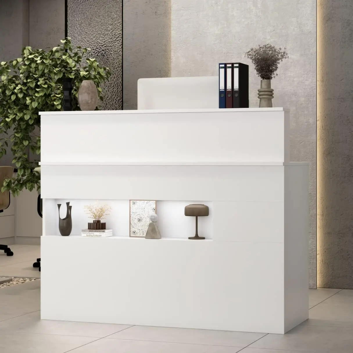 FUFU&GAGA Reception Desk with Counter, Retail Counter with Lighted Display Shelf & Lockable Drawers, for Salon Reception Room Checkout Office, White