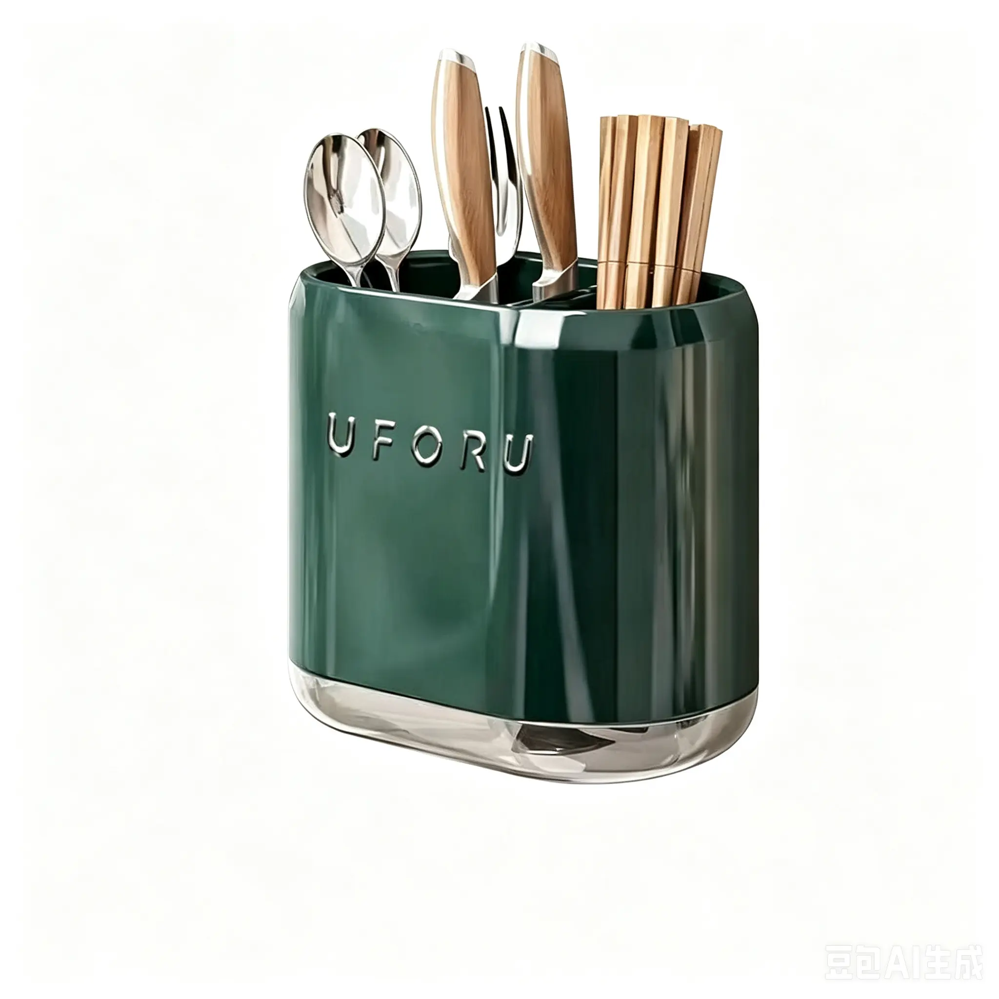 Glossy Stylish Transparent Punch-Free Wall Mount 2-Tier Utensil Holder with Detachable Drain Tray - Home Organizer Storage for Chopsticks, Spoons, Forks, Cutlery, Blades, Knives - Dual-Use for Countertop, Hanging