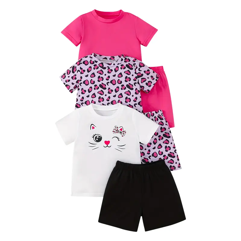 6-piece #SummerVibes girls summer breathable fashion comfortable casual short sleeve shorts suit children summer printed soft T-shirt shorts children's clothing