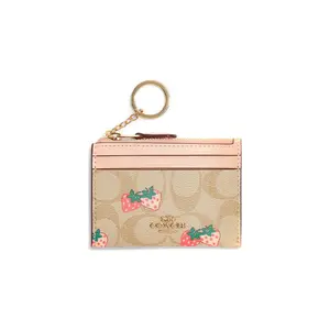 Coach Skinny ID Case 11 for Women – Classic Monogram Strawberry Print with Zip Closure, Coated Canvas and Leather, Khaki and Pink