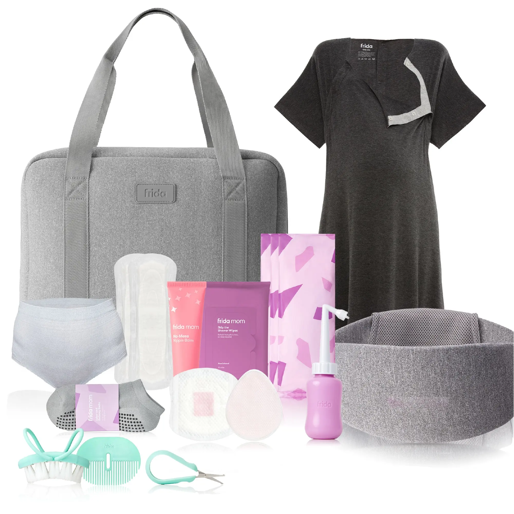 Frida Mom 30pc Pre-Packed Hosptial & Baby Essentials Travel Bag, Includes C-Section Delivery & Recovery Must Haves, & Newborn Grooming Kit, Easy to Organize, Removable Toiletry Bags & Suitcase Strap