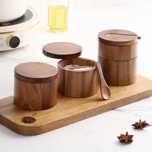 1pc Acacia Wood Salt Container • Solid Wood Seasoning Box • Wooden Pepper Powder Holder • Kitchen Spice Bottle • Salt Box for Organizing Condiments