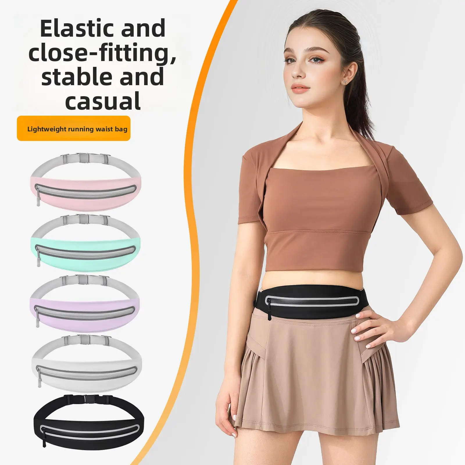 Unisex Low Profile Close-fitting Running Belt in Stretch Fabric, Waterproof Waist Pack for Gym, Running & Cycling, Gear, Elastic And Close-Fitting, Waterproof Zip