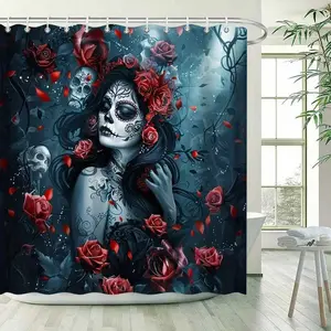 The ghost witch Spooky shower curtain in the sea of roses is perfect for bathroom decoration, partitions, beautifying spaces, polyester durable material, easy to clean, machine washable, multiple sizes to choose from, and shower curtain hooks