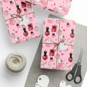Cats Valentine Wrapping Paper, Pink Kitty Heart Present Decor, Kawaii Cat Lover Gift Wrap, Unique Love Day Paper