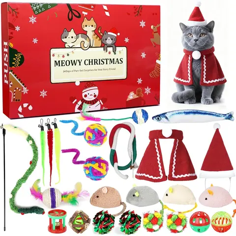 24-Day Cat Advent Calendar - Festive Holiday Pet Gift with Countdown Fun, Mice, Ball Bells, Holiday Motifs for Cat Lovers (Home & Party Supplies)