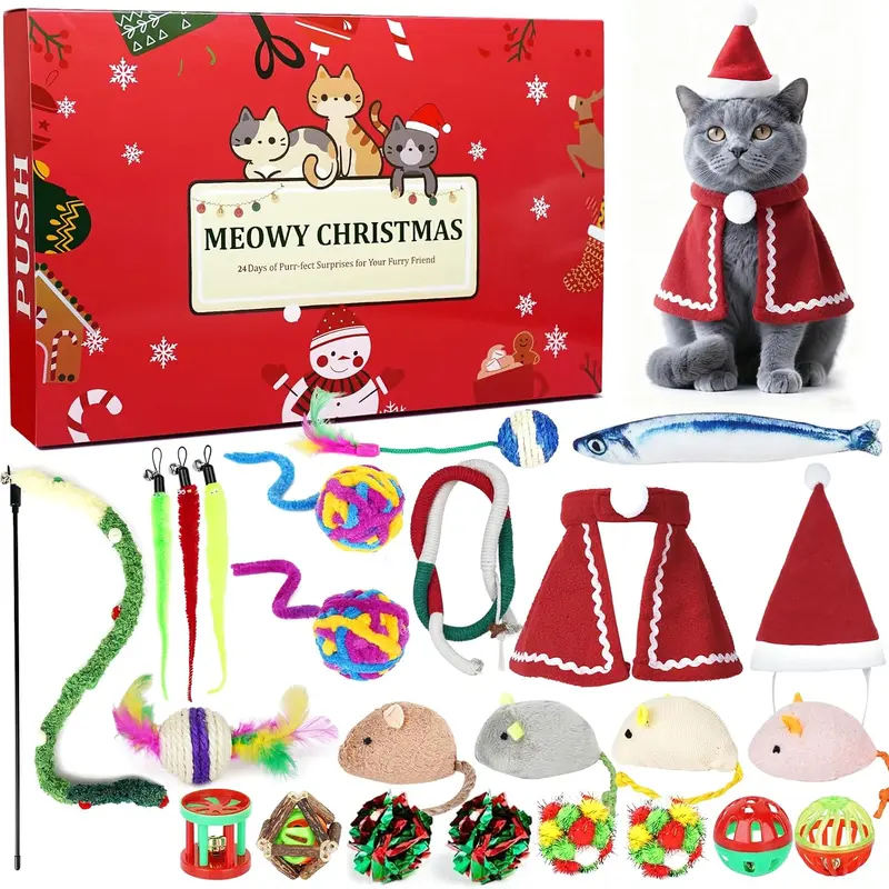 24-Day Cat Advent Calendar - Festive Holiday Pet Gift with Countdown Fun, Mice, Ball Bells, Holiday Motifs for Cat Lovers (Home & Party Supplies)