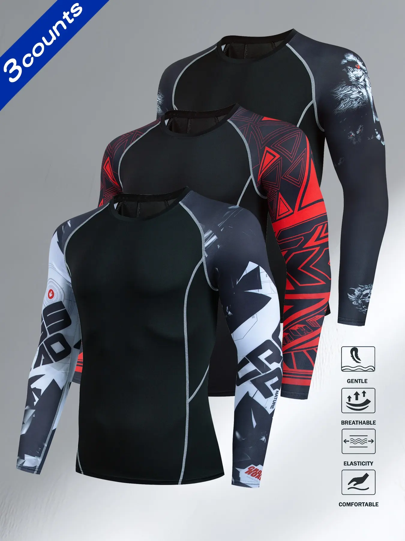 Men's Compression T-Shirt Set, Compression Tops, Compression Sportswear, Activewear, High Stretch Activewear, Fitness Exercise Wear, Breathable High Elasticity Round Neck, Print Patchwork Long Sleeve, Ideal for Hiking Running Cycling Outdoor Fitness