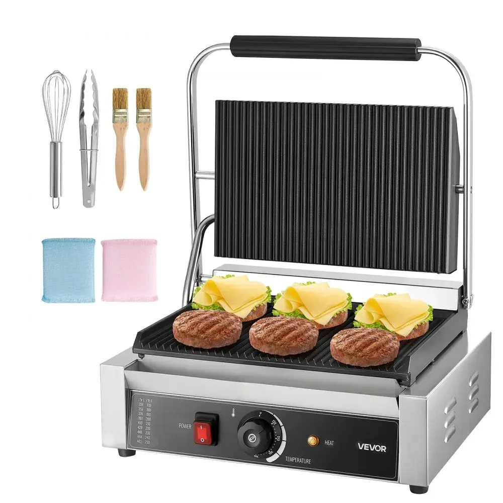 【Summerfinds】VEVOR 1800W Commercial Electric Panini Grill, Durable Stainless Steel Sandwich Press with Handle, Heat Resistant Temp Control, 13.5x9.3in Full Grooved Enamel Plate, Grill Compatible Indoor Kitchen Appliance for Hamburger, Steak, Led Light, Gr