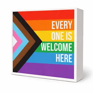 Progress Pride LGBT Wooden Box Sign – “Every One Is Welcome Here”, LGBTQ Home & Office Desk Decor, Rainbow Pride Gift, 5 x 5 Inch