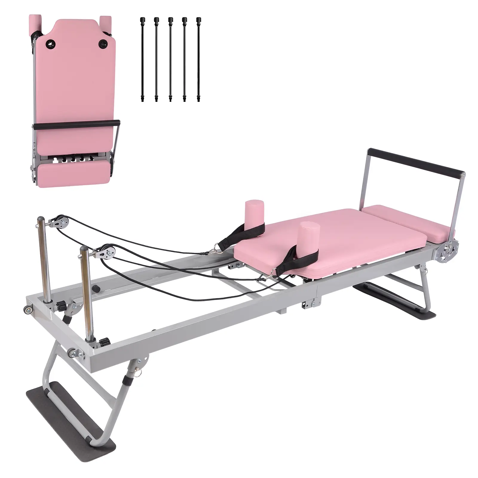 Foldable Pilates Reformer Machine for Home, 77.5'' Pink Pilates Equipment with 5x18 Lbs Resistance Bands,Professional Aeropilates Reformers for Beginners/Advanced